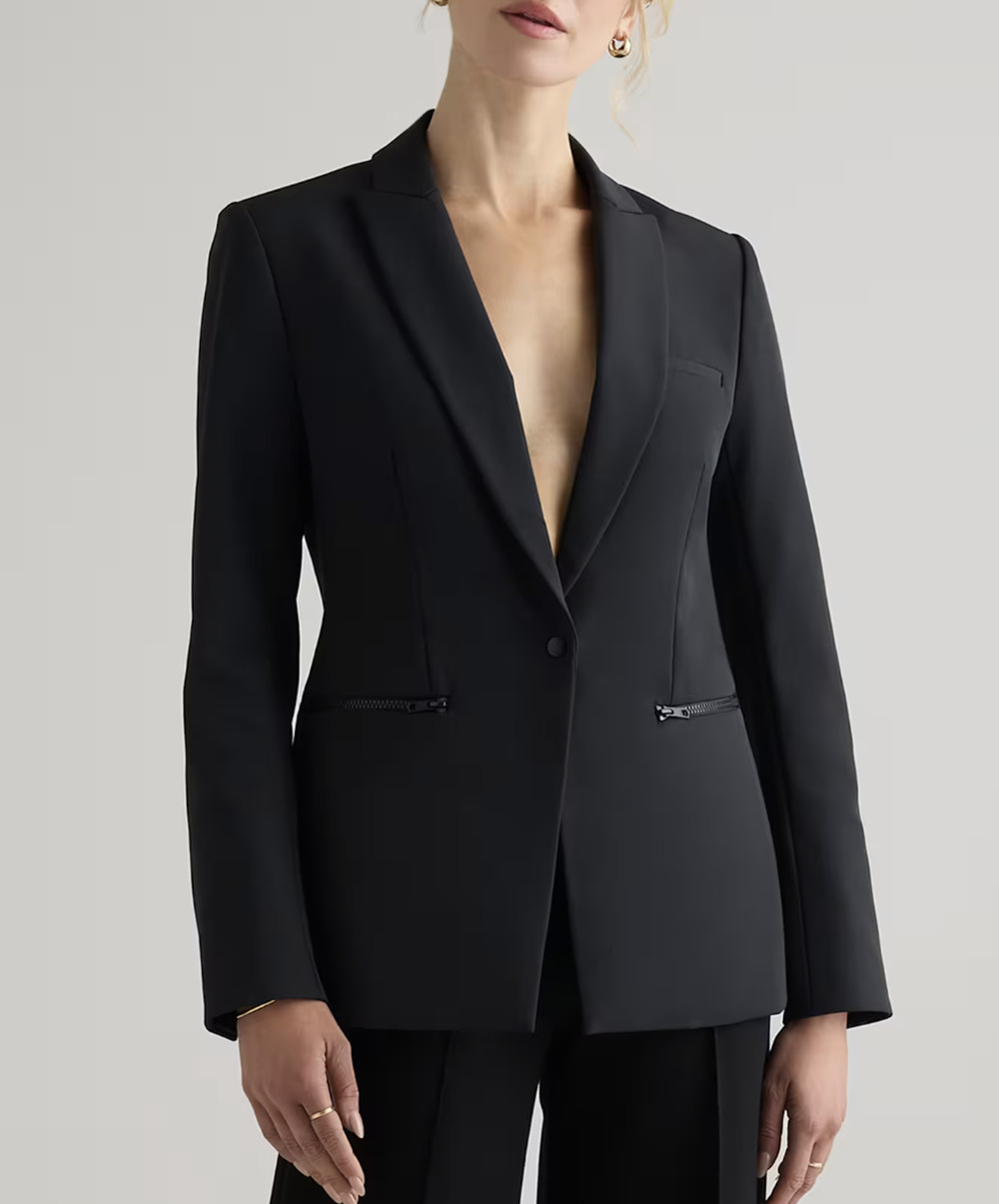 Quince Scuba Single Breasted Convertible Blazer Womens Medium Black Zip Pocket
